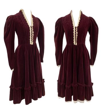 Vtg Vintage 1970s 70s Intricate Velvet Merlot Prairie Cottage Core Midi Dress 