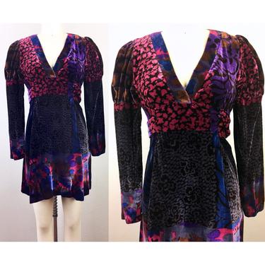Vintage 70s Mix Print VELVET Mini Dress 1970s Patchwork Boho Hippie Victorian Puff Sleeve XS 