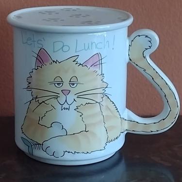 Vintage Mount Clemens Pottery 1990s Japan Lazy Cat Ceramic Tea Cup & Top Lid "Lets Do Lunch" 