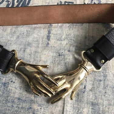 black CLASPED HANDS 70s gold metal &amp; leather adjustable BELT rare vintage 1970s Victorian 