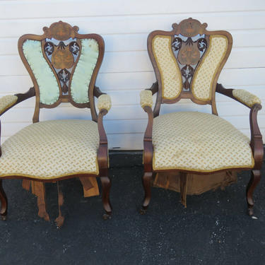 Victorian Early 1880s Pair of Carved Inlay Side Chairs  8711