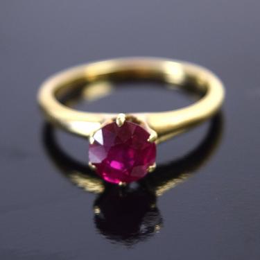 Antique Estate 14k Solid Gold Ring w Synthetic Ruby Solitaire 