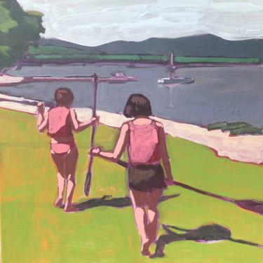 Women at Lake  |  Original Acrylic Painting on Canvas 14 x 14 