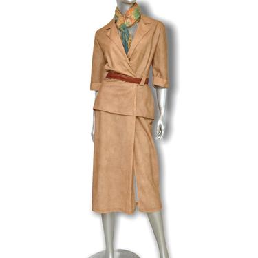 Vintage Tan Peplum Dress 70’s Faux Suede Mid Calf Dress Size Medium 