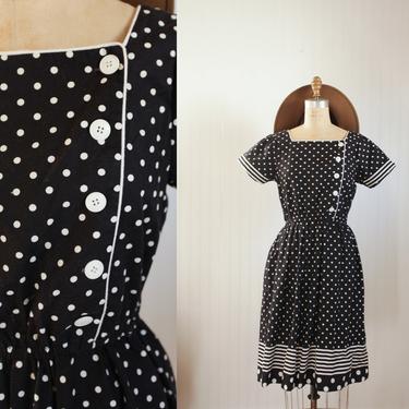 80s cotton polka dot day dress - size medium 