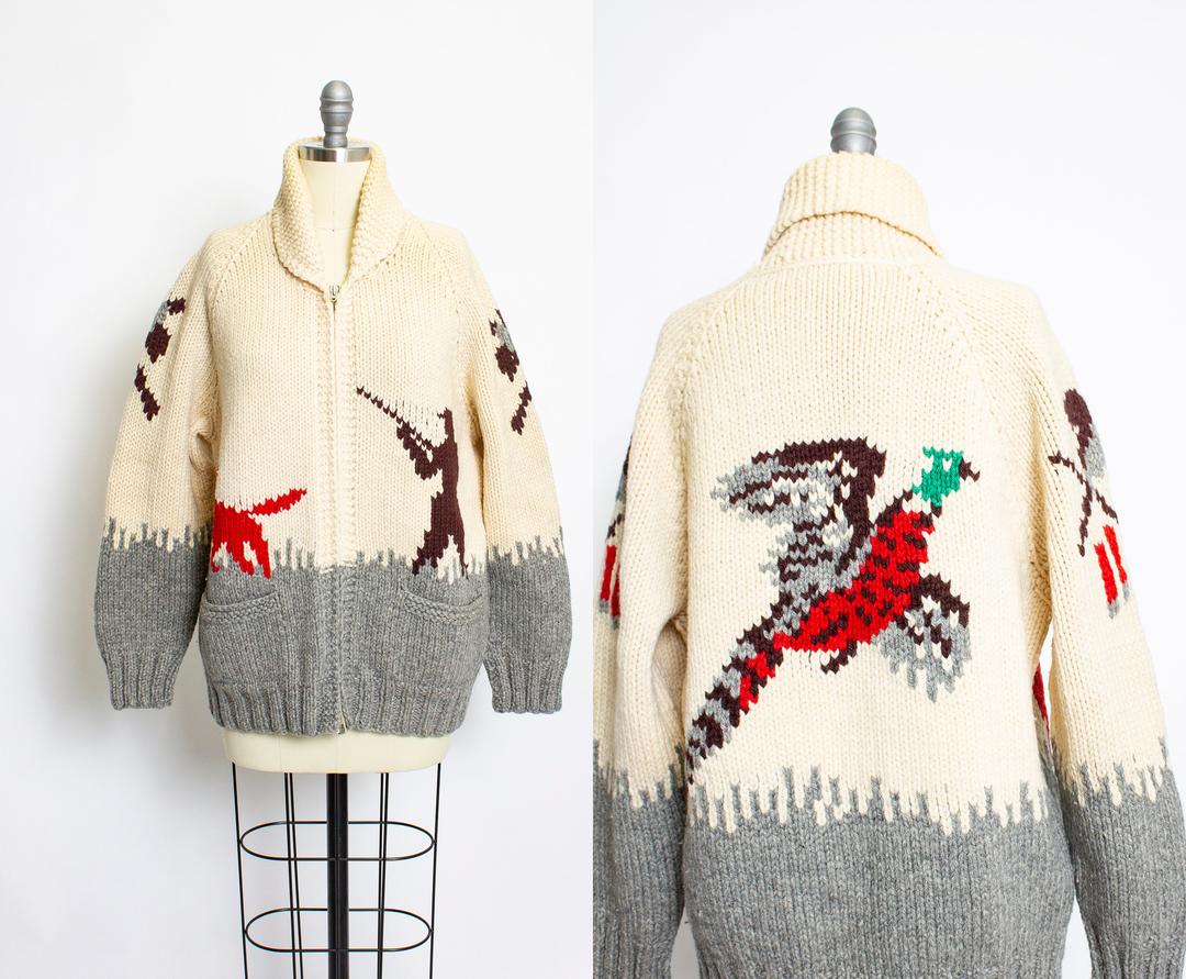 Vintage Cowichan Sweater Pheasant Hunting Novelty WOOL Knit Zip