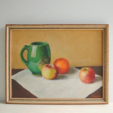 Vintage Oil Still Life Painting of a Pitcher and Apples, Framed Fruit Painting, Signed Original Art 