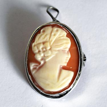 Classic 70's Italy cameo 800 silver pendant brooch, handcrafted Florence oval silver carnelian shell woman's portrait cameo pin 