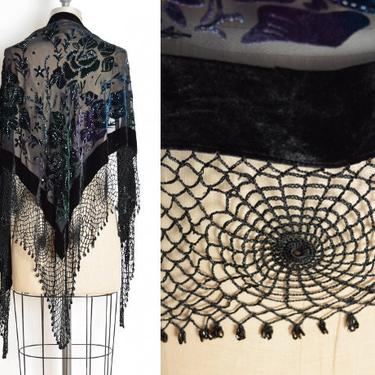 vintage 90s piano shawl Chicos black silk rayon burnout velvet spiderweb crochet wrap top flapper clothing 