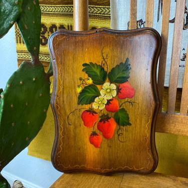 Vintage 1970s Hand Painted Strawberry Wood Plaque 
