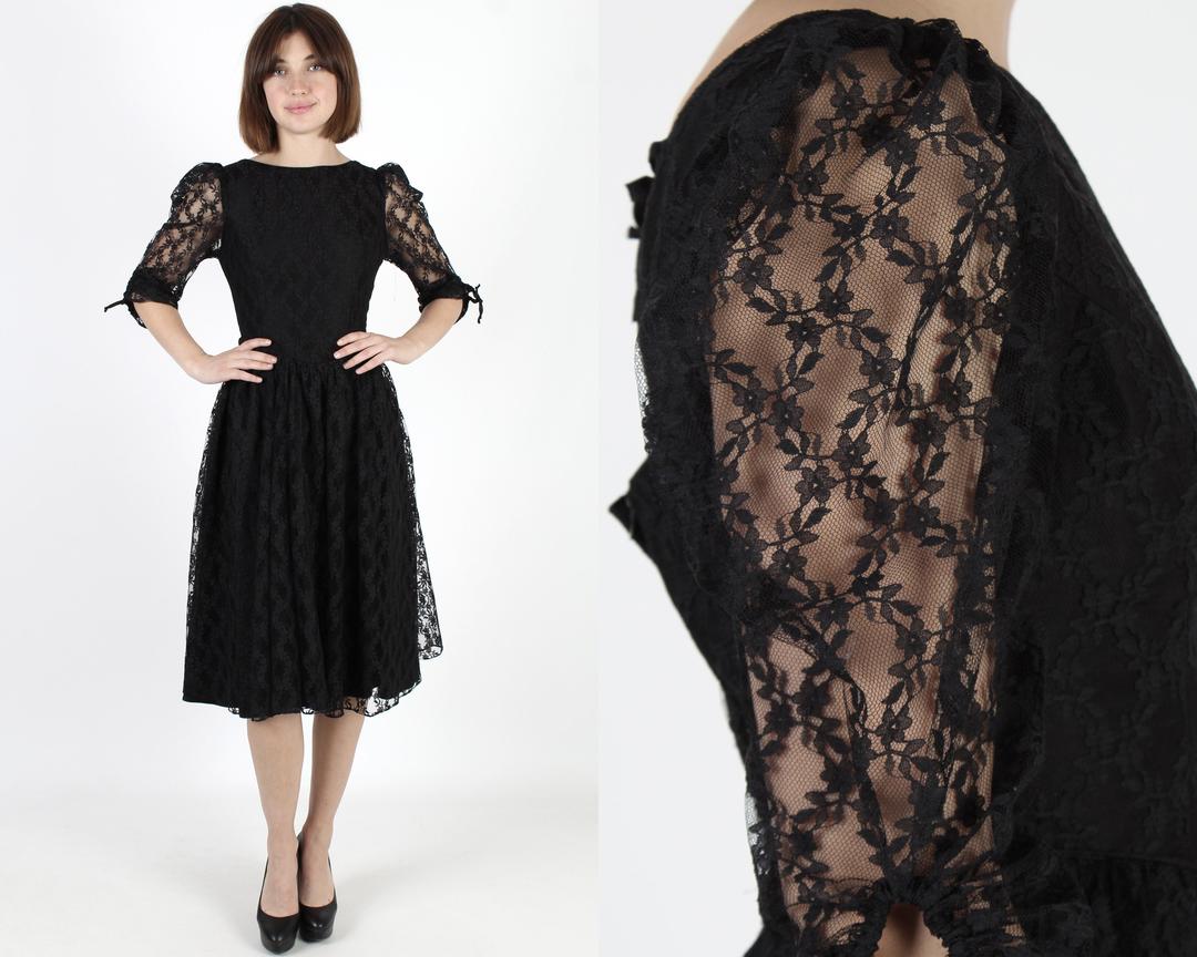 90's Black Long Sleeve With Upper Floral Lace and Sheer Lingerie Dress –  Hamlets Vintage