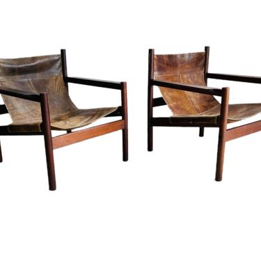 1960s Michel Arnoult Roxinho Leather Sling Lounge Chairs 