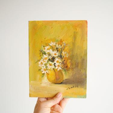 Vintage Small Painting of White Daisy Flowers in a Yellow Vase, Still Life Flower Painting, Tiny Painting 8&amp;quot; x 6&amp;quot; 