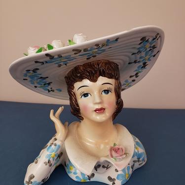 Vintage 1950's Lady Head Vase  / 60s Lefton Planter Kitch Knick Knack Ceramic 