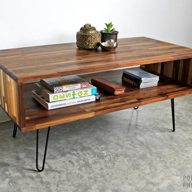 Walnut & Mixed Wood Console Style Coffee Table - Modern Furniture Mid Century Eames Hairpin Legs Recaimed Hardwood Design Shelf 