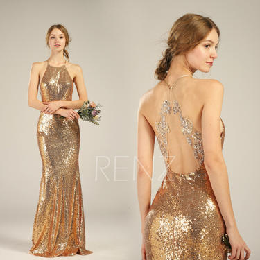 Bridesmaid Dress Gold Sequin Dress Wedding Dress Halter | Renz Rags - San  Diego, CA | ATTIC