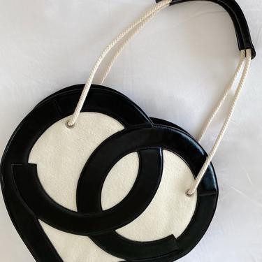 Vintage CHANEL HEART CC Logo Monogram XLarge White Terry Black Leather Tote Bag Carryall 