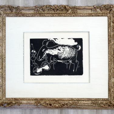 Ziege mit Geige a framed Woodcut by Marc Chagall signed and numbered 12/20 