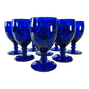 Vintage 1950s Quilted Cobalt Glass Water Stems, Set of 8
