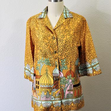 Vintage 1950s 60s NOS Alex Coleman Novelty Print Taj Mahal Small World Shirt Top Blouse California  |  Modern US 2 4 6 / XS Small 