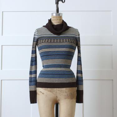 vintage 1970s knit cowl neck top • striped pullover sweater in browns &amp; blues 