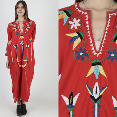 Vintage Mexican Embroidered Dress Bright Floral Puebla Fiesta Red Cotton, American Archive