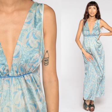 70s Slip Dress Blue Paisley Lingerie Nightgown 70s Maxi Boho PLUNGE Blue Brown Deep V Neck Empire Waist Vintage Bohemian Small 