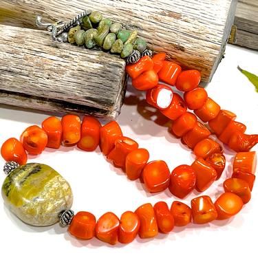 VINTAGE: Natural Coral and stone Necklace - Orange coral - Natural Stone - SKU 34-255-00033035 