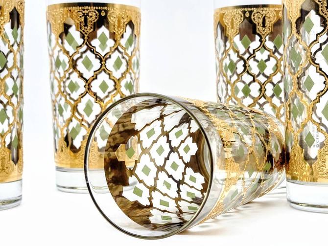 Set of 12 Collins and High Ball Culver Glasses with 22 K Gold