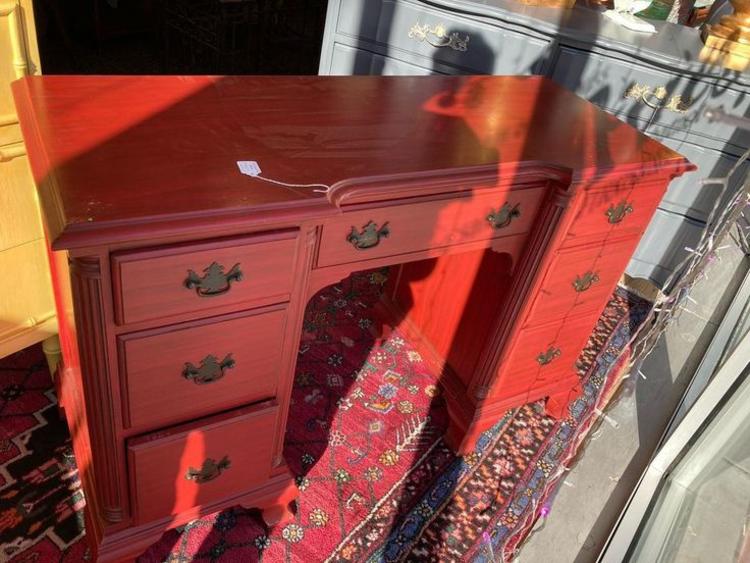 Red painted 7 drawer desk. 45.5” x 18” x 30”