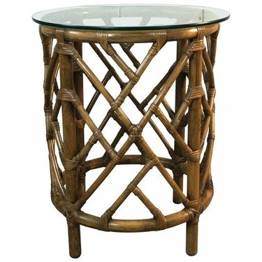 1960s Round Bamboo Glass Top Side Table