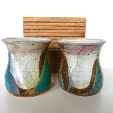 Vintage Klickitat Pottery Tumblers In Turquoise, Set Of 2 Hand Made Stoneware Cups 