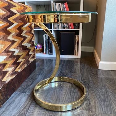Vintage Milo Baughman Style Glass and Gold Metal End Table 