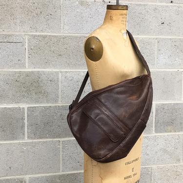 Vintage LL Bean Sling Bag Retro 1990s Brown Leather + Kidney Shaped + Crossbody + 1 Strap + Bookbag + Adjustable + Multi Pocket + Accessory 