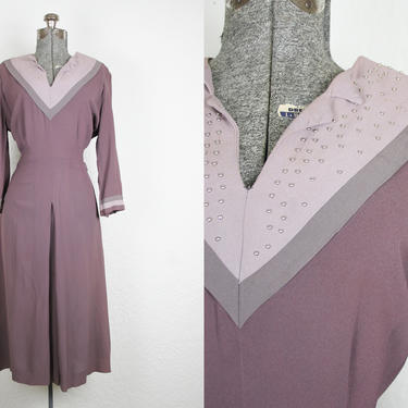 1940's Brown Crepe Rayon Cocktail Dress with Studs and Color Blocking / Size XLarge 