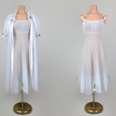VINTAGE 50s Blue Sheer Chiffon Sweetheart Peignoir Set Lantern Sleeves | 1950s Rose Embroidered Nightgown & Robe | Wedding Bridal Lingerie 