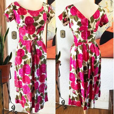Lovely 1960's Vintage Silk Rose Print Party Dress Cocktail Dress by "Miss Brooks of New York" Size Small 