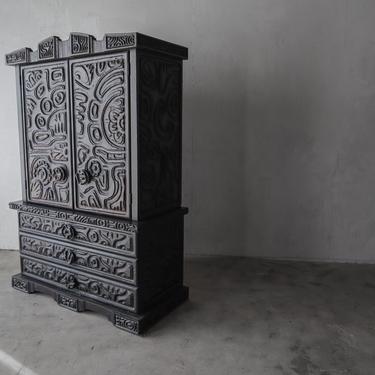 Vintage Panelcarve Carved Wood Armoire Cabinet 