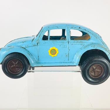 Vintage 1960s Groovy Love Bug VW Volkswagen Beetle Metal Tin Toy Car Aoshin Japan  Smoking Battery Operated Blue Flower Power Hippie 