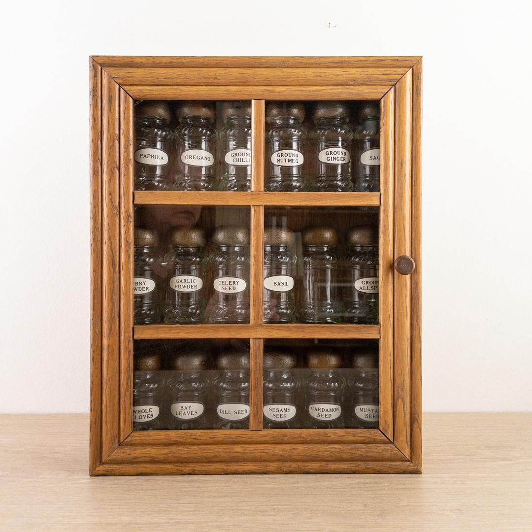 Vintage Wood Spice Cabinet with 18 Spice Jars Hanging Spice Rack Pebble Creek Goods St Paul MN