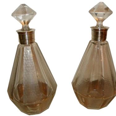 Pair French Art Etched Glass Decanters