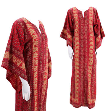 1970s India print red Kaftan Dress M  / vintage 1970s rhinestone witch sleeve boho dress medium caftan 