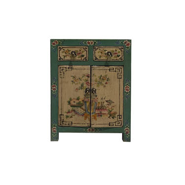 Green &amp; Yellow Beige Lacquer Oriental Flower End Table Nightstand cs6110E 