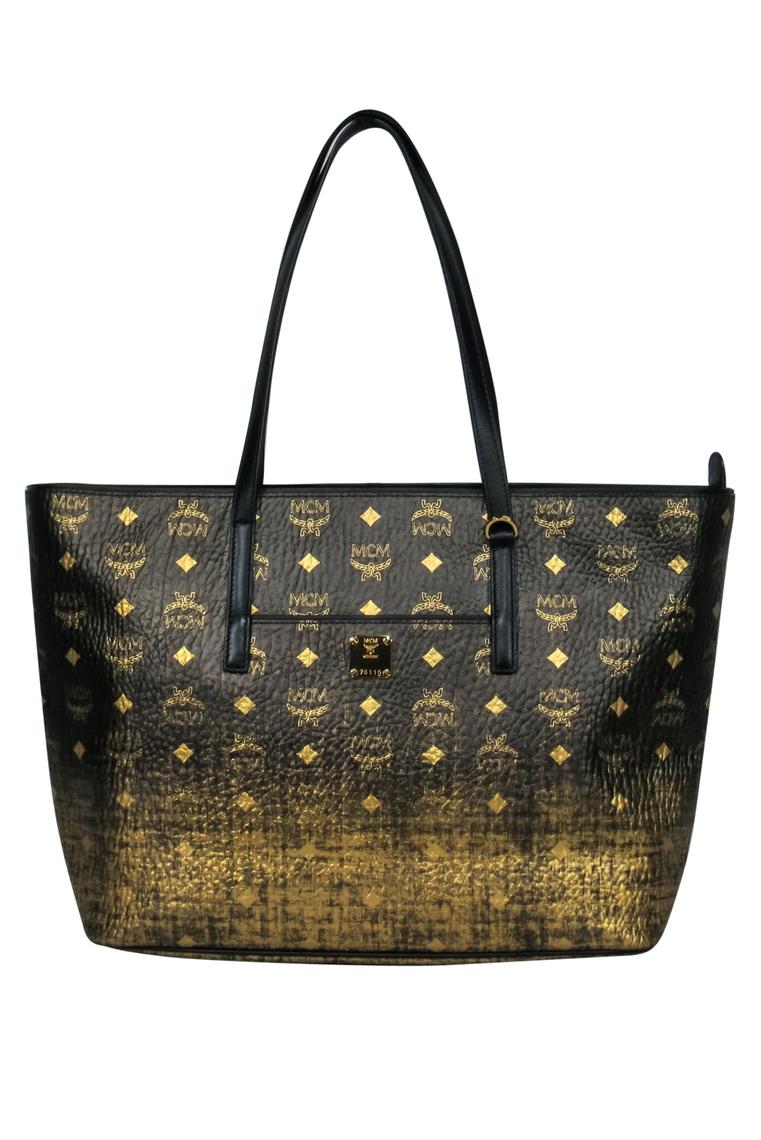 MCM Black & Gold Pebbled Leather Ombre Monogram Print Tote Current