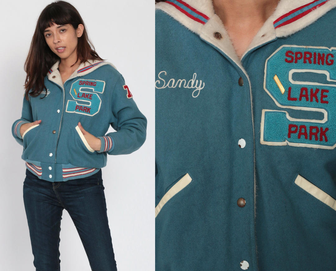 Wool Varsity Jacket 70s SAILOR COLLAR Blue Letterman Jacket Sandy 1977 ...