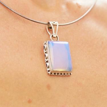 Vintage Sterling Silver Opalite Pendant, Iridescent Glass, Ornate Rectangle Setting, Silver Cut Out Necklace Bail, 1 1/2&quot; L x 3/4&quot; W 