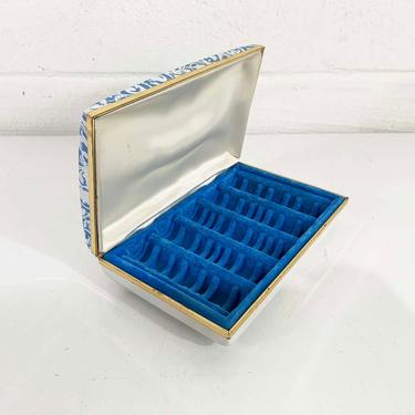 Vintage Mele Jewelry Box Jacquard Gold Blue White Floral Ring Case 1960s 60s Travel Hard Clamshell Retro Storage 