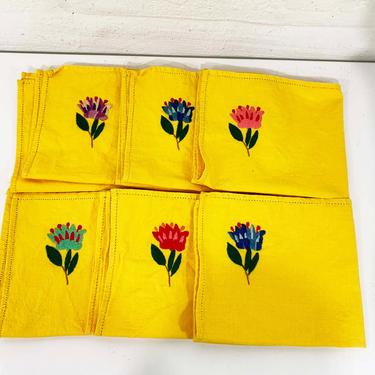 Vintage Yellow Embroidered Napkins Set of 6 Mustard Embroidery Flowers Floral Handmade Flower Kitchen Table Dining Room Homemade 