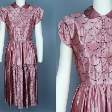 1950s Satin Dress with Scallop Print | Vintage 40s 50s Pink &amp; Black Cocktail Dress | small 