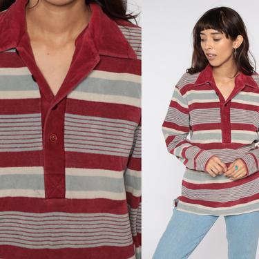 Striped Velour Shirt Burgundy Blue Button Up Polo Shirt Striped Sweatshirt Long Sleeve Shirt 70s Shirt Retro Top 80s Nerd Geek Medium Large 